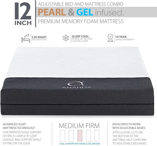 Vista 2 de Blissful Nights Ananda - Colchón de espuma viscoelástica con infusión de perlas y gel frío de 12 pulgadas con base de cama ajustable de primera