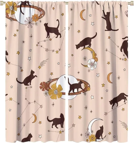 Vista 51 de Cortinas de estilo de mediados de siglo, diseño geométrico abstracto moderno, diseño retro, estampado de gato negro, para dormitorio, sala de estar