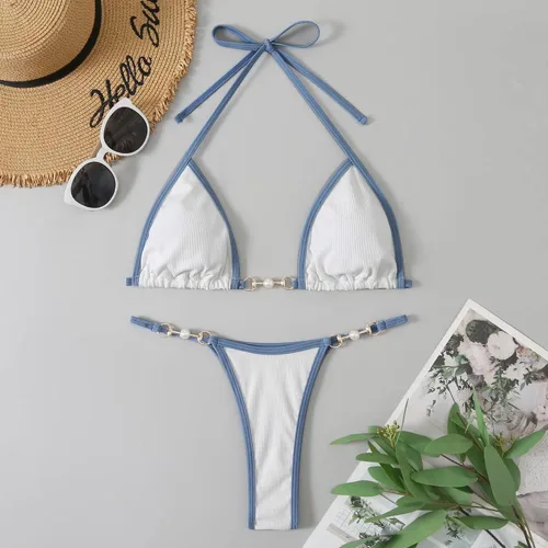 Vista 3 de Conjunto de bikini de tanga triangular acanalada con tanga micro tanga bikini parte inferior traje de baño de dos piezas