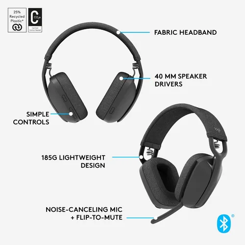 Vista 7 de Auriculares Logitech Zone Vibe 100 inalámbricos ligeros sobre la oreja con cancelación de ruido y micrófono, auriculares avanzados Bluetooth