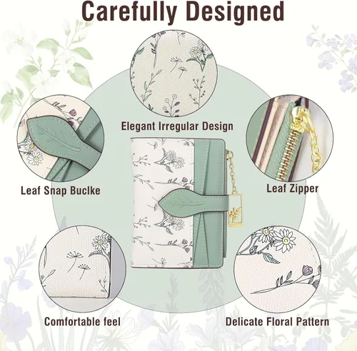 Vista 3 de Carteras para mujer - Bloqueo RFID - Pequeña billetera con flores, cuero PU suave, plegable, bolsillo con cremallera para monedas, tarjetero