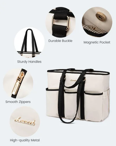 Vista 8 de LOVEVOOK bolso tote vintage para laptop para mujer, Beige-Negro, 15,6 pulg., Moda