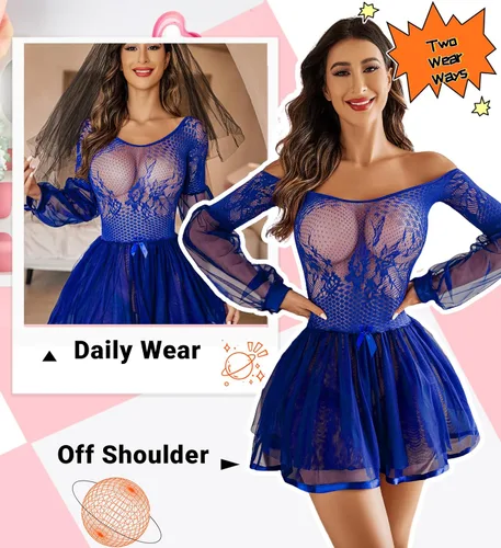 Vista 3 de Avidlove Lencería sexy para mujer, lencería de malla de encaje, babydoll de encaje, vestido de lencería de manga larga, camisola de malla, boudoir