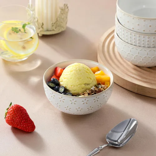 Vista 9 de MALACASA Tazones Pequeños, Tazón para Helado de 14 Onzas, Juego de 4 Tazones de Gres para Postre con Relieve para Aperitivos, Papas Fritas, Frutas