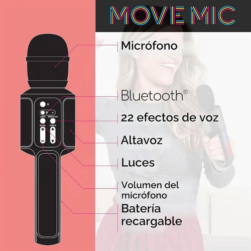 Vista 5 de Micrófono portátil Move de Singing Machine – Micrófono y altavoz Bluetooth para karaoke con luces LED, 22 efectos de voz y batería recargable