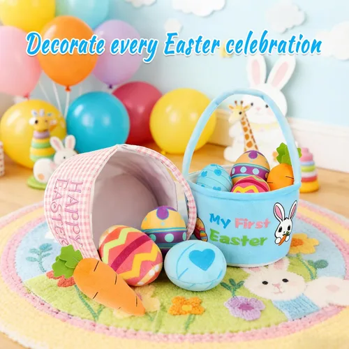 Vista 6 de Juego de 5 cestas de peluche para conejito de Pascua, cubos de Pascua con huevos de Pascua, cesta de caza para regalos de fiesta de Pascua, bolsas