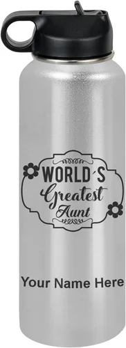 Vista 14 de LaserGram Botella de agua con tapa abatible de doble pared de 12 onzas con pajilla, la tía más grande del mundo, grabado personalizado incluido Negro