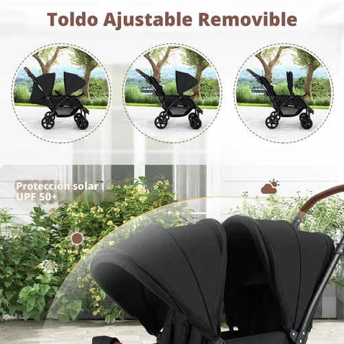 Vista 3 de INFANS Cochecito doble, cochecito plegable en tándem para bebé con respaldo ajustable, toldo, reposapiés, arnés de 5 puntos, canasta