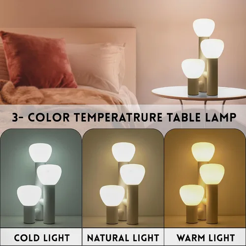 Vista 2 de Lámpara de mesa moderna de 3 luces, base de metal blanco, globos de vidrio en forma de hongo blanco, 3 temperaturas de color, 16.5 pulgadas