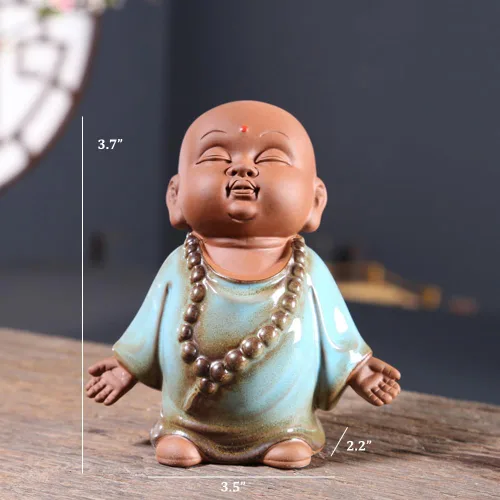 Vista 5 de Estatua de monje de Buda roja, figura de cerámica para bebé, té de monje zen, figura de mascota, estatua de meditación de 3.7 pulgadas para Azul