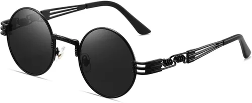 Vista 7 de Round Polarized Steampunk Sunglasses Men, Circle Metal Frame, Hippie Shades