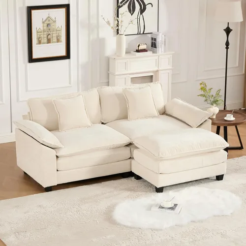 Vista 30 de Sofá seccional modular beige de 117.3", sofás seccionales grandes de 3 plazas para sala de estar, sofá nube oversized de tela chenille con otomana