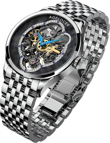 Vista 5 de AGELOCER Reloj de lujo automático de esqueleto mecánico para mujer, elegante, para Navidad, San Valentín