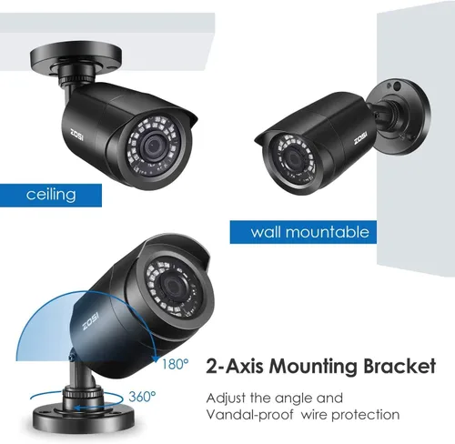 Vista 9 de ZOSI Paquete de 4 1080P 2.0MP para interiores y exteriores de 0.142 in, 24 unidades, lente infrarroja infrarroja, CCTV, cámara de seguridad de corte