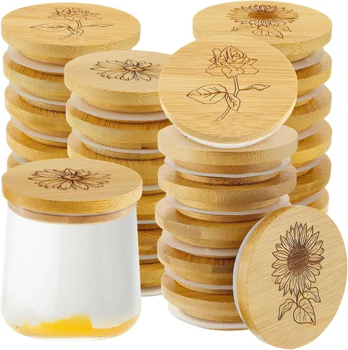 Vista 9 de Gueevin Juego de 6 tapas para tarros de yogur a granel de madera de bambú compatibles con tarros de yogur Oui, redondos, reutilizables, con anillos