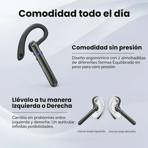 Vista 4 de Auriculares Bluetooth, auriculares inalámbricos Bluetooth 5.4 con 10 horas de tiempo de conversación manos libres, auriculares de una sola oreja