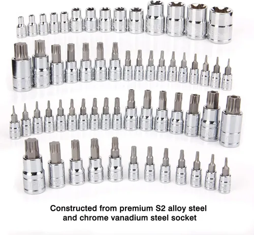 Vista 5 de CASOMAN Master Torx Bit Socket y Torx externo juego de 60 piezas, acero S2 y Cr-V, E4-E24, T6-T70, TT6-TT70, TP8-TP60