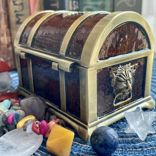 Vista 4 de Caja de joyería de metal vintage, caja de joyería del tesoro, bandeja de almacenamiento de gemas, anillos, aretes, collar, recuerdo, bolsa