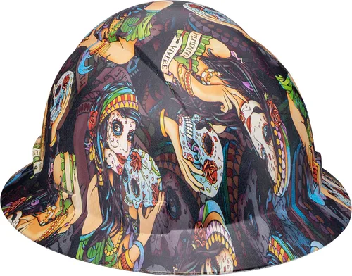 Vista 8 de Casco duro OSHA de ala completa sin ventilación con diseño de tatuaje/calavera con acabado mate con suspensión de 6 puntos Senorita Muerte