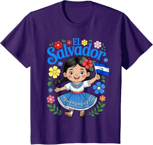 Vista 23 de Camiseta de estilo tradicional floral para niña con la bandera de El Salvador
