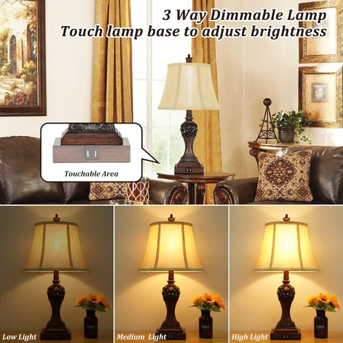 Vista 3 de Juego de 2 lámparas de mesa regulables de 3 vías con control táctil con 2 puertos de carga USB, lámparas de noche tradicionales con pantalla de seda