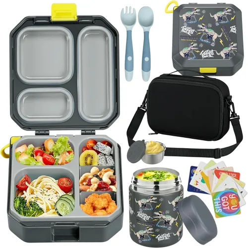 Vista 12 de wiwens - Lonchera Bento para niños con termo de sopa de 12 onzas, contenedor de comida para almuerzo a prueba de fugas con 5 compartimentos, termo