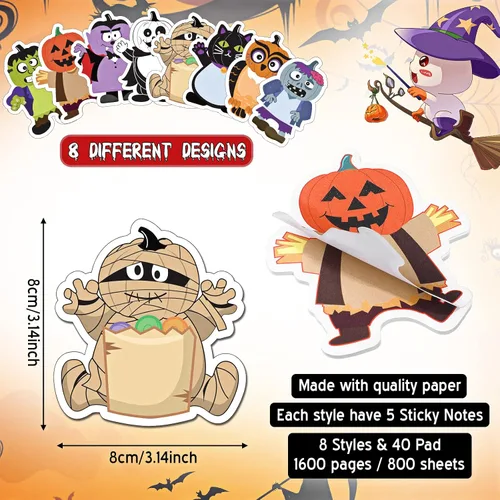 Vista 2 de Pajean 800 hojas de notas adhesivas de Halloween, 40 blocs de notas adhesivas espeluznantes, divertidas, calabaza, fantasma, gato, extraña estética