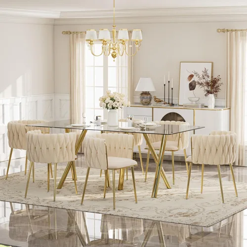 Vista 29 de Glam Style - Juego de mesa de comedor de 5 piezas para 4, mesa de comedor rectangular de vidrio templado de 51 pulgadas con base de metal dorado
