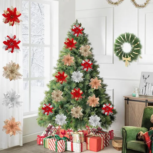 Vista 3 de 24 piezas de flores de Pascua doradas de 6 pulgadas para decoraciones de árbol de Navidad - Flores artificiales para adornos de árbol de Navidad