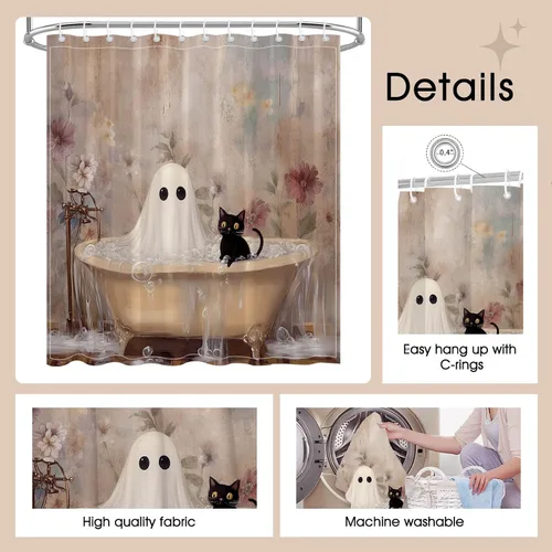 Vista 4 de Mocsicka Cortina de ducha de Halloween, diseño de gato fantasma, cortina de ducha para baño, academia oscura, bañera, juego de decoración de baño