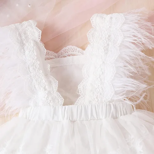 Vista 6 de Vestido de encaje para niñas pequeñas, vestido de encaje con bordado floral, manga de plumas, tul tutú, vestido de fiesta acampanado