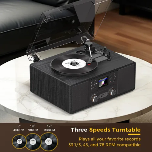 Vista 6 de Tocadiscos de vinilo Bluetooth con CD y radio por Internet, tocadiscos de 3 velocidades con grabación USB, salida AUX/RCA, control remoto y tono