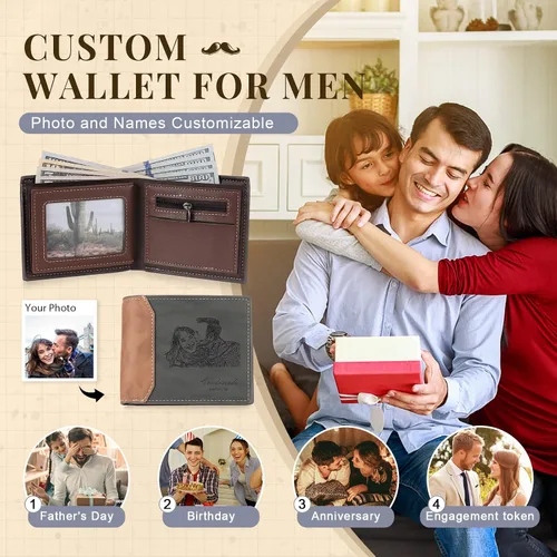 Vista 6 de Carteras personalizadas para hombres, cartera personalizada para hombre con imagen grabada y nombre, billetera delgada de cuero plegable, regalos
