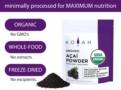 Vista 3 de KOYAH - Acai en polvo orgánico, liofilizado: 50 porciones Polvo de bayas enteras, 100% puro, sin ácido cítrico añadido, ideal para batidos