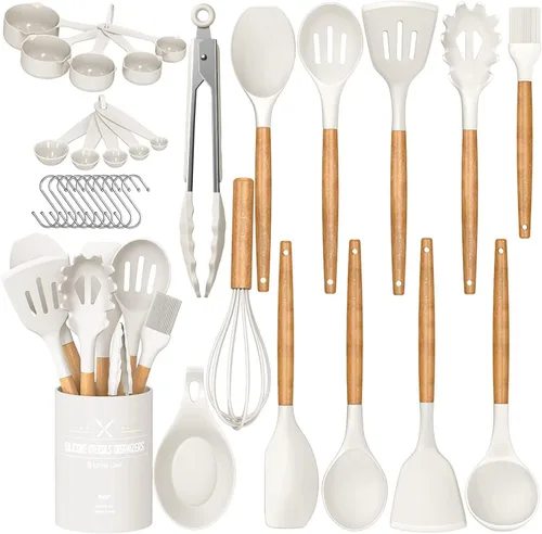 Vista 8 de Umite Chef Juego de utensilios de cocina de cocina, 33 piezas de espátula de cocina de silicona antiadherente con soporte, mango de madera, juego