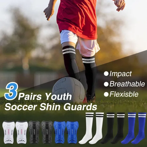 Vista 8 de 3 pares de espinilleras de fútbol juvenil, resistentes a los impactos, 3 pares de calcetines largos de fútbol, espinilleras flexibles para niños