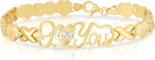 Vista 2 de Juego de collar y pulsera Stampato de plata de ley con forma de X, abrazos y besos, y un corazón con texto en inglés "I Love You