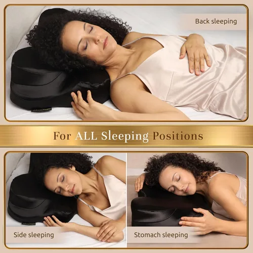 Vista 4 de Almohada cervical cervical para dormir de lado y de espalda, almohada ergonómica de espuma viscoelástica de alta calidad con fundas de almohada Negro