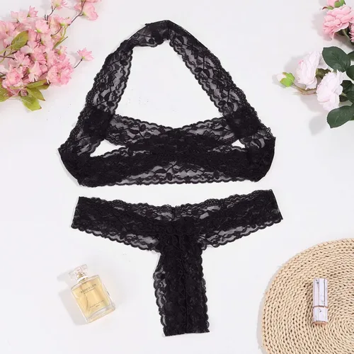 Vista 3 de MEOILCE 2 piezas de lencería de encaje hueco para mujer, sexy cuello halter, brasier y bragas, ropa de dormir exótica de zorra para sexo