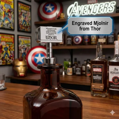 Vista 3 de Marvel Thor Battle Hammer tapón para botella de vino con grabado Mjolnir – Se adapta a cualquier botella – Barra coleccionable