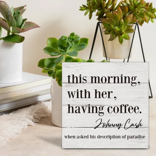 Vista 6 de HOIJAUMAI Letrero de madera con texto en inglés "This Morning with Her Having Coffee" (This Morning with Her Having Coffee) Letrero de madera