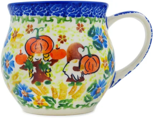 Vista 10 de Auténtica taza de burbujas de cerámica polaca de 13 onzas en diseño amarillo hecho a mano en Bolesławiec Polonia por Ceramika Bona + certificado