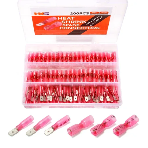 Vista 18 de HKS 100 conectores de pala hembra azul 16-14 AWG – Kit de conectores de cable de desconexión rápida eléctricos termorretráctiles – cobre rojo