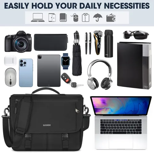 Vista 7 de RAINSMORE Bolsa de mensajero para hombre, bolsa de mensajero de 15.6 pulgadas, resistente al agua, bolsa casual para hombre, bolsa grande para Negro