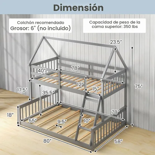 Vista 2 de KOMFOTT - Litera doble de madera con cama individual sobre cama tamaño full con escalera incorporada, marco de litera de madera de pino macizo