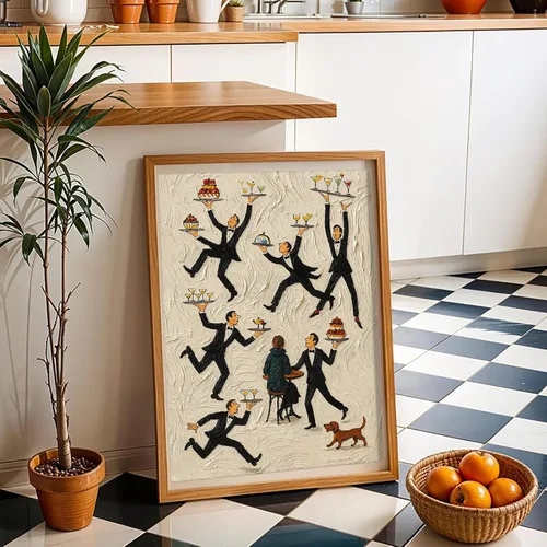 Vista 2 de Divertido arte de pared de cocina Servers In A Restaurant Poster Food Drinks Print Painting Vintage Pintura al óleo Impresiones Estéticas Retro