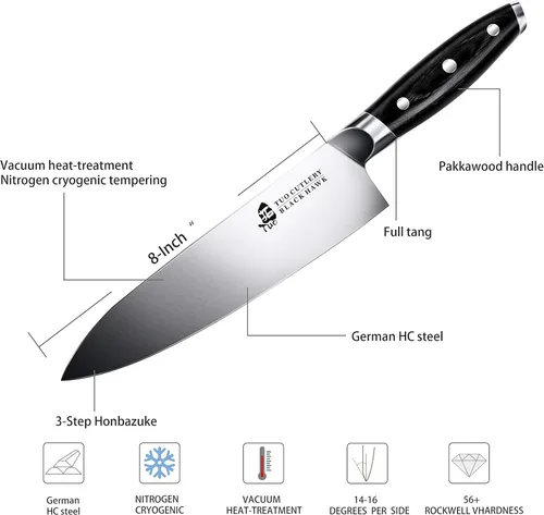 Vista 3 de TUO - Cuchillo de chef de 8 pulgadas - Cuchillo de cocina profesional, de acero alemán de alto carbono - Mango de madera de Pakka de espiga completa