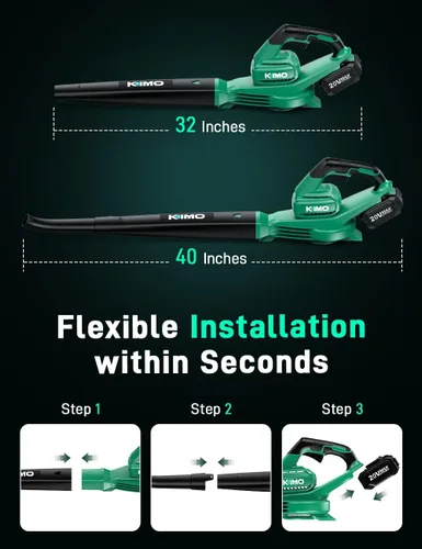 Vista 5 de KIMO - Soplador de hojas inalámbrico con batería y cargador, paquete de 2 baterías, tubo de extensión, velocidad variable de 20000 RPM, soplador