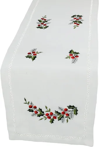Vista 2 de Holly Berry - Camino de mesa navideño bordado con vainica, 8 x 62 pulgadas