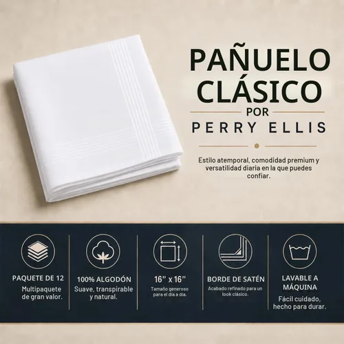 Vista 6 de Perry Ellis Pañuelos para hombre, 12 unidades, 100% algodón, borde satinado